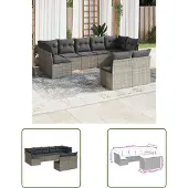 The Living Store 9-tlg. Garten-Sofagarnitur mit Kissen Grau Poly Rattan