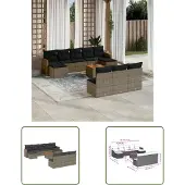 The Living Store 11-tlg. Garten-Sofagarnitur mit Kissen Grau Poly Rattan