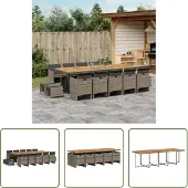 The Living Store 15-tlg. Garten-Essgruppe mit Kissen Grau Poly Rattan