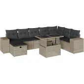 Syfax 9-tlg. Garten-Sofagarnitur mit Kissen Hellgrau Poly Rattan