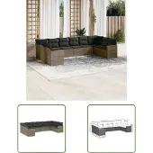The Living Store 10-tlg. Garten-Sofagarnitur mit Kissen Grau Poly Rattan