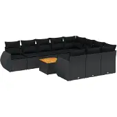 Syfax 11-tlg. Garten-Sofagarnitur mit Kissen Schwarz Poly Rattan