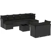 Syfax 10-tlg. Garten-Sofagarnitur mit Kissen Schwarz Poly Rattan