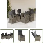 The Living Store 7-tlg. Garten-Essgruppe mit Kissen Grau Poly Rattan