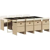 vidaXL 9-tlg. Garten-Essgruppe mit Kissen Beige Poly Rattan