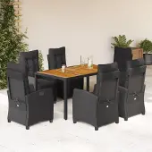 The Living Store 7-tlg. Garten-Essgruppe mit Kissen Schwarz Poly Rattan
