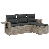 Syfax 4-tlg. Garten-Sofagarnitur mit Kissen Hellgrau Poly Rattan