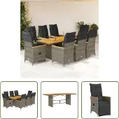 The Living Store 9-tlg. Garten-Essgruppe mit Kissen Grau Poly Rattan