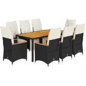 Syfax 9-tlg. Garten-Bistro-Set mit Kissen Schwarz Poly Rattan