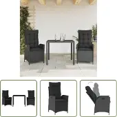 The Living Store 3-tlg. Garten-Essgruppe mit Kissen Schwarz Poly Rattan