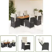 The Living Store 7-tlg. Garten-Essgruppe mit Kissen Schwarz Poly Rattan