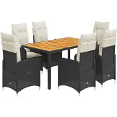 Syfax 7-tlg. Garten-Bistro-Set mit Kissen Schwarz Poly Rattan