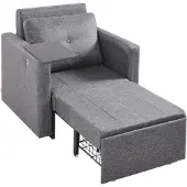 Vevor Schlafsofa umbaubares Schlafbett mit Seitentasche & Kissen & Armlehne, Schlafsessel Einzelsessel mit 5-fach verstellbarer Rückenlehne, Einzel-Ausziehcouch mit 2 Rädern und Stauraum unten, Grau