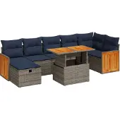 Syfax 8-tlg. Garten-Sofagarnitur mit Kissen Grau Poly Rattan Akazie