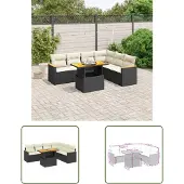 The Living Store 7-tlg. Garten-Sofagarnitur mit Kissen Schwarz Poly Rattan