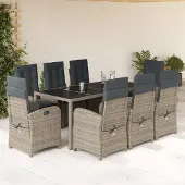 The Living Store 9-tlg. Garten-Essgruppe mit Kissen Grau Poly Rattan