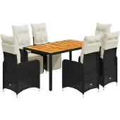 Syfax 7-tlg. Garten-Bistro-Set mit Kissen Schwarz Poly Rattan