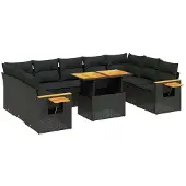Syfax 10-tlg. Garten-Sofagarnitur mit Kissen Schwarz Poly Rattan