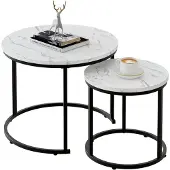 Sonstiges Runder Beistelltisch Set | Metallrahmen | 60 cm Durchmesser | Schwarz-Weiß Marmorplatte