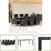 The Living Store 9-tlg. Garten-Essgruppe mit Kissen Schwarz Poly Rattan