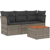 Syfax 4-tlg. Garten-Sofagarnitur mit Kissen Grau Poly Rattan