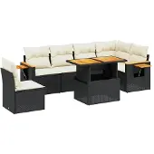 Syfax 7-tlg. Garten-Sofagarnitur mit Kissen Schwarz Poly Rattan