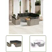 The Living Store 12-tlg. Garten-Sofagarnitur mit Kissen Grau Poly Rattan