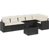 Syfax 7-tlg. Garten-Sofagarnitur mit Kissen Schwarz Poly Rattan
