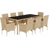 Syfax 9-tlg. Garten-Essgruppe mit Kissen Beige Poly Rattan Glas