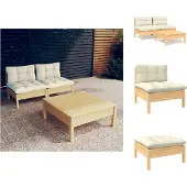 vidaXL 3-tlg. Garten-Lounge-Set mit Creme Kissen Kiefernholz - Gartenmöbel-Sets