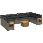 Syfax 11-tlg. Garten-Sofagarnitur mit Kissen Grau Poly Rattan