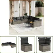 The Living Store 10-tlg. Garten-Sofagarnitur mit Kissen Grau Poly Rattan