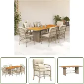 The Living Store 7-tlg. Garten-Essgruppe mit Kissen Beige Poly Rattan