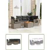 The Living Store 6-tlg. Garten-Sofagarnitur mit Kissen Grau Poly Rattan