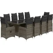 Syfax 11-tlg. Garten-Bistro-Set mit Kissen Grau Poly Rattan