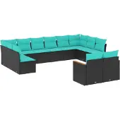 Syfax 12-teiliges Gartensofa-Set mit Kissen, schwarzes Polyrattan