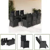 The Living Store 9-tlg. Garten-Essgruppe mit Kissen Schwarz Poly Rattan
