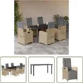 The Living Store 7-tlg. Garten-Essgruppe mit Kissen Beigemischung Poly Rattan