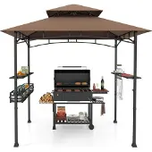 Costway Grillpavillon mit Doppeldach, Seitenregalen, Metallkorb, Haken & Flaschenöffner, Grillüberdachungen wetterfest, 242x153x250cm Braun