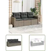 The Living Store 3-tlg. Garten-Sofagarnitur mit Kissen Grau Poly Rattan