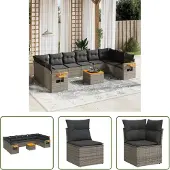 The Living Store 11-tlg. Garten-Sofagarnitur mit Kissen Grau Poly Rattan