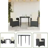 The Living Store 3-tlg. Garten-Essgruppe mit Kissen Schwarz Poly Rattan