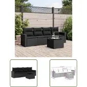 The Living Store 5-tlg. Garten-Sofagarnitur mit Kissen Schwarz Poly Rattan