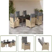 The Living Store 7-tlg. Garten-Essgruppe mit Kissen Beige Poly Rattan