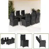 The Living Store 9-tlg. Garten-Essgruppe mit Kissen Schwarz Poly Rattan