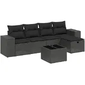 Syfax 6-tlg. Garten-Sofagarnitur mit Kissen Schwarz Poly Rattan