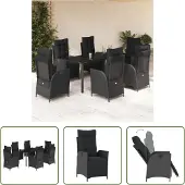 The Living Store 7-tlg. Garten-Essgruppe mit Kissen Schwarz Poly Rattan