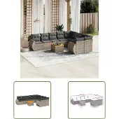 The Living Store 10-tlg. Garten-Sofagarnitur mit Kissen Grau Poly Rattan