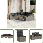 The Living Store 10-tlg. Garten-Sofagarnitur mit Kissen Grau Poly Rattan