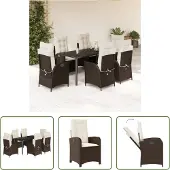 The Living Store 7-tlg. Garten-Essgruppe mit Kissen Braun Poly Rattan